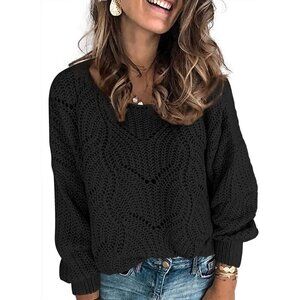 Women's Black Cute Elegant Soft Crew Neck Long Sleeve Knit Pullover Sweaters